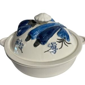 VTG MCM Ceramic Soup Tureen White Blue Mushroom Pepper‎ Design Antique with Lid